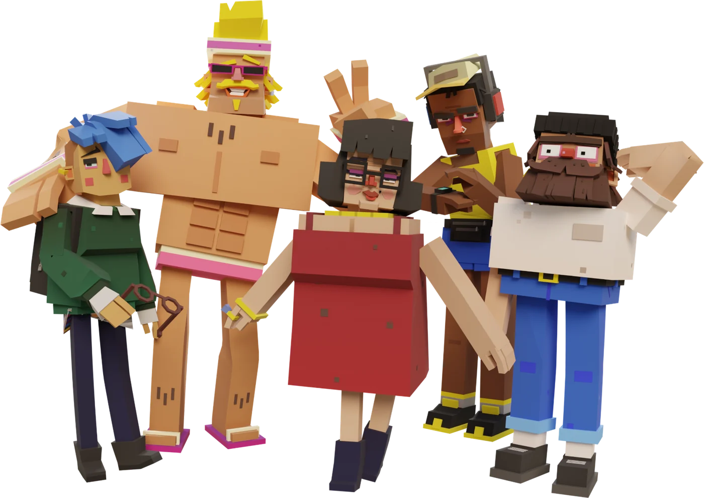 The five Kwazzl neighbours posing together: Alba with blue hair, Tito the muscly ice-cream man, Carmen in her red dress, Dani with headphones, and bearded Paco.