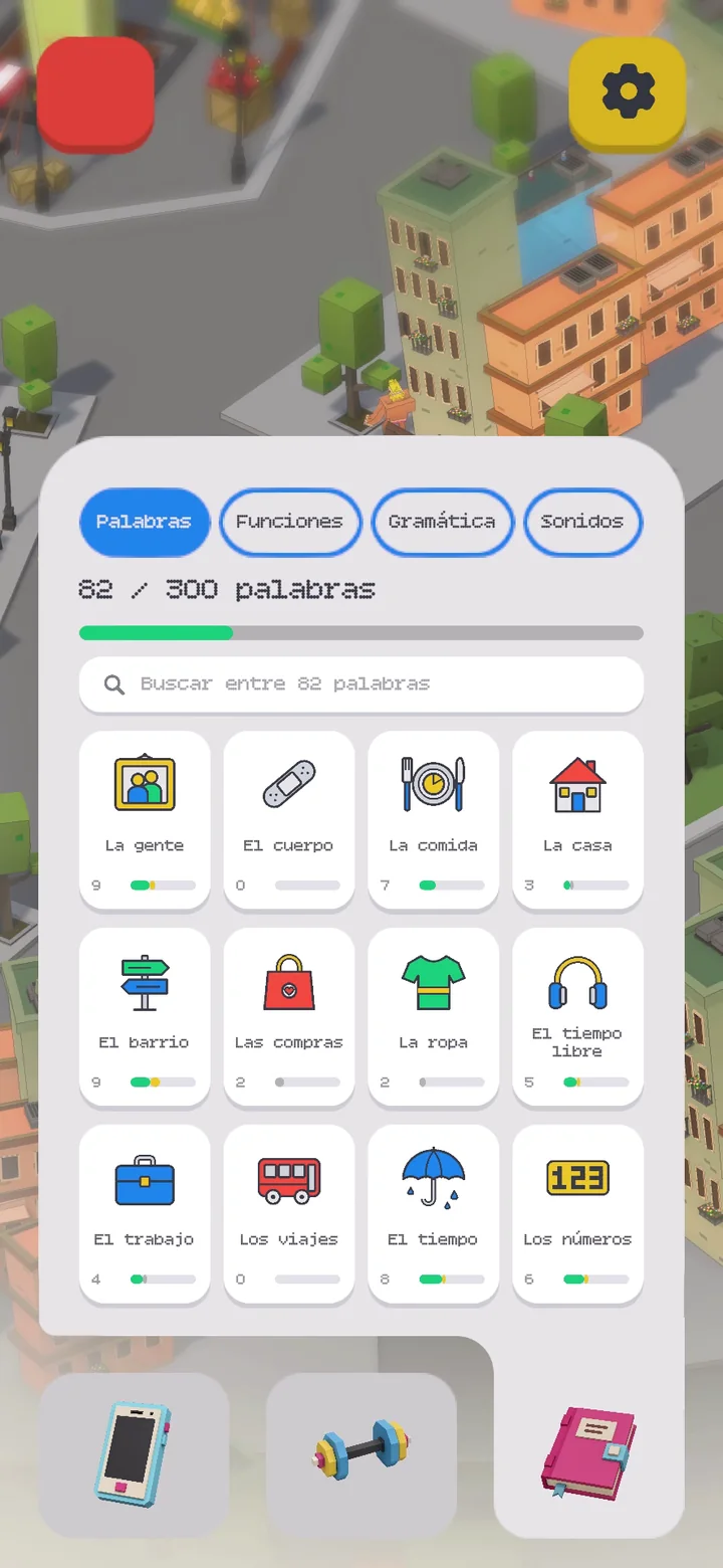 The Diario: 82 of 300 words, sorted into topics like food, the body and clothes.