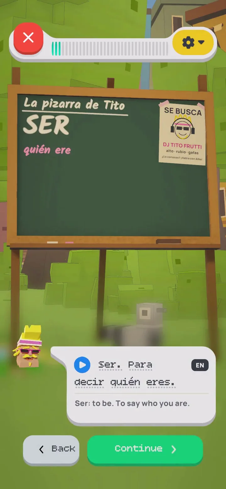 Tito at his chalkboard, which reads SER: yo soy, tú eres, él / ella es.