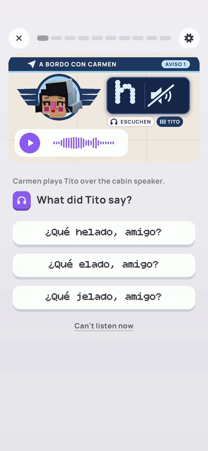 A bordo con Carmen: Carmen in her crew wings plays Tito's line over the cabin speaker, and you pick ¿Qué helado, amigo? over elado and jelado.
