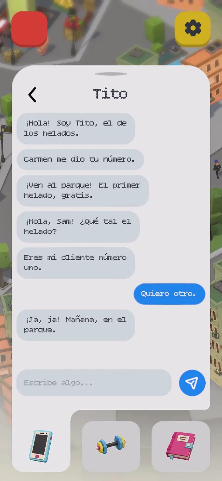 Tito's text messages: ‘¡Hola, Sam! ¿Qué tal el helado?’ and the player's reply, ‘Quiero otro.’